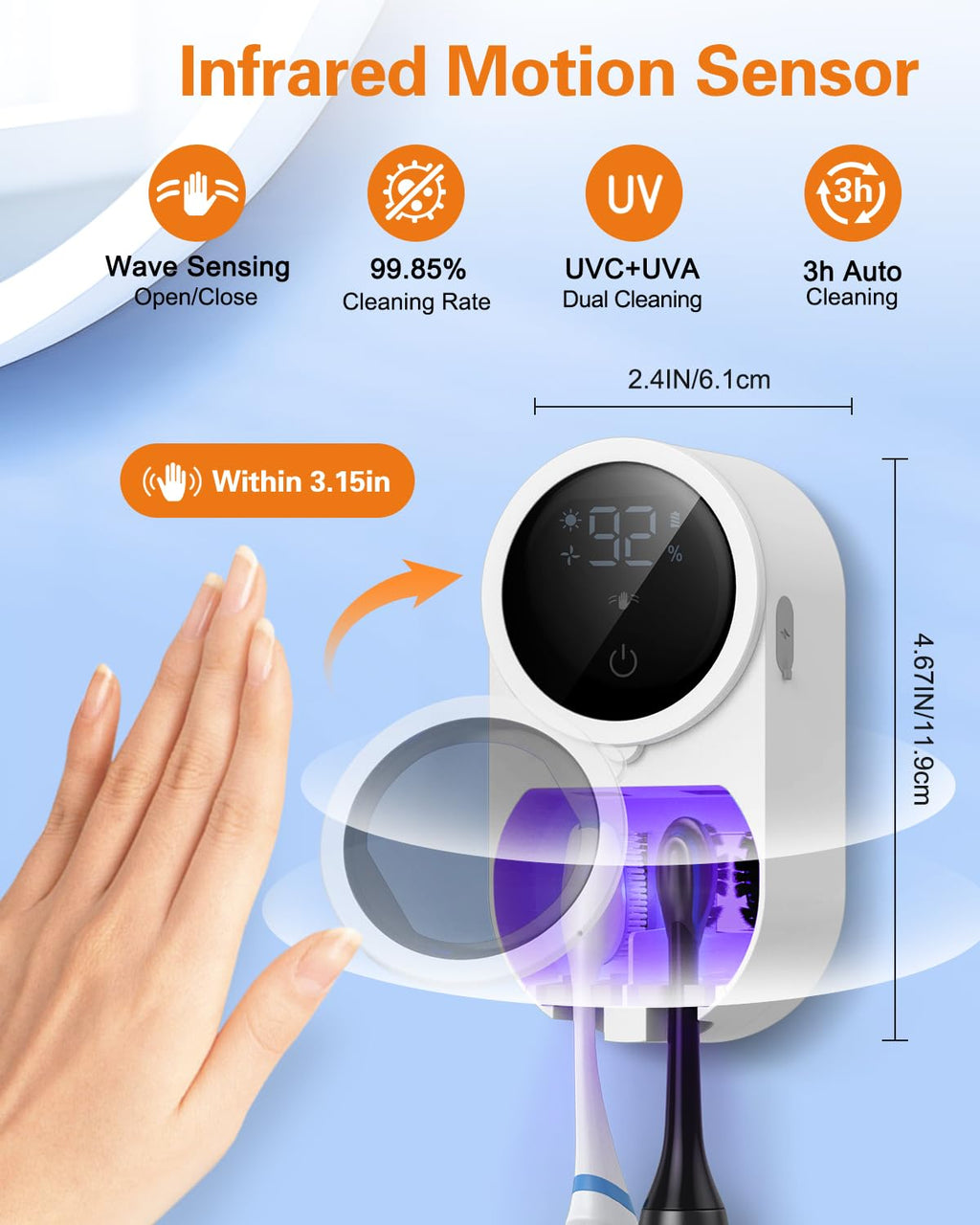⚡Free Shipping⚡UV Toothbrush Sanitizer Holder, Electric Toothbrush Cleaner with LED Display, Infrared Auto Sensor, Auto-Cycle & Fan Drying, Rechargeable Wall Mounted Tooth Brush Holders for Bathroom Organizer